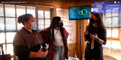 Captura de video que muestr a tres mujeres en el interior del Museo de Embrio-Fetología de la Usach