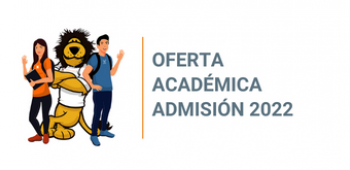 La imagen muestra un ícono de una pareja de estudiantes junto al león de la Universidad de Santiago. en fondo blanco. Al lado, se lee el texto "Oferta académica Admisión 2022".